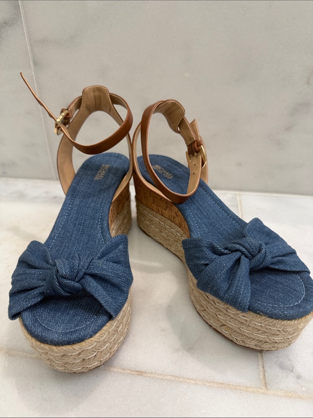 Michael Kors Denim Knot Espadrille Wedge Sandals with Tan Ankle Strap 9m NWT